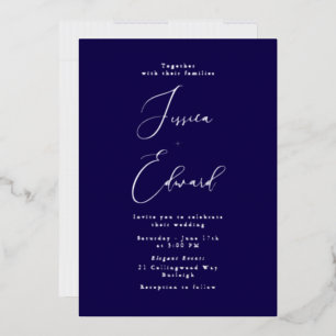 Navy & Silver Foil Elegant Script Wedding Invitation