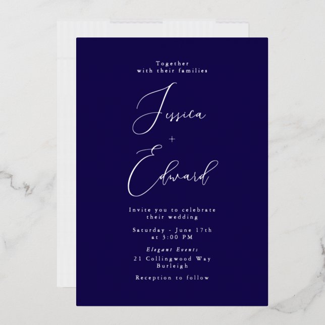Navy & Silver Foil Elegant Script Wedding Invitation (Envelope)