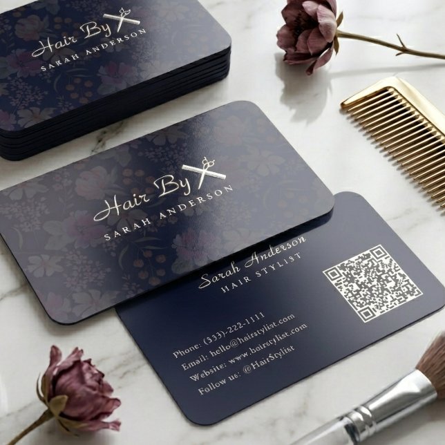 Navy Silver Foil Script Hair Stylist QR Code  Business Cards (Creator Uploaded)