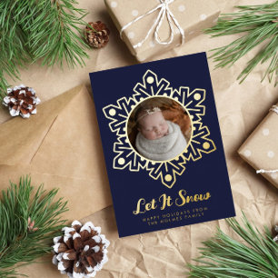 Navy Silver Foil Snowflake Frame Let It Snow Photo Foil Holiday Card