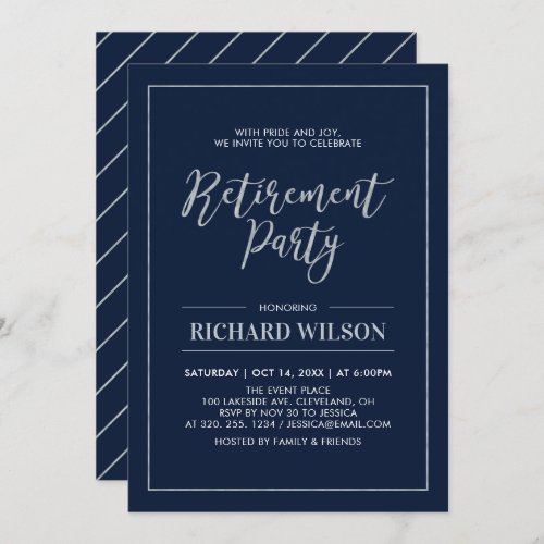 Navy  Silver Frame  Modern Retirement Party Invitation