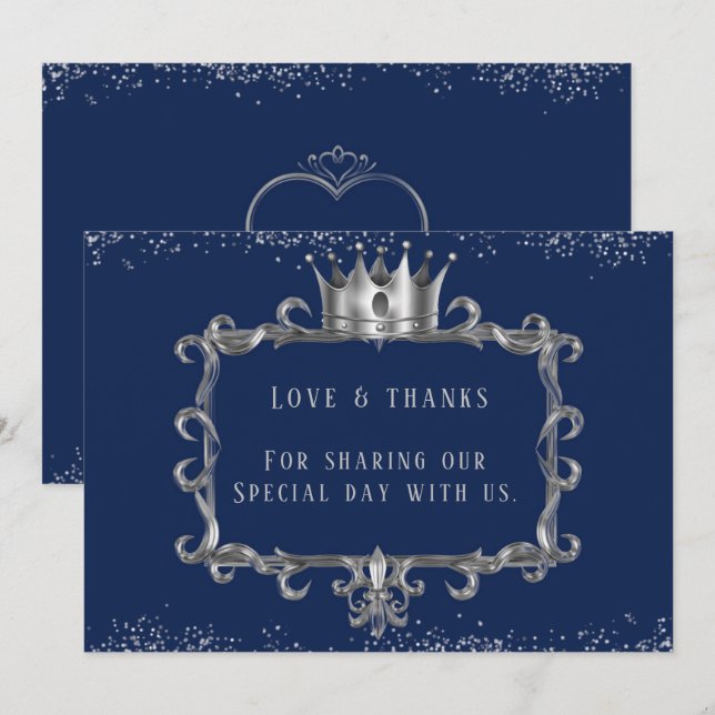 Navy Silver Frame Royal Crown Love & Thanks Invitation (Front/Back)