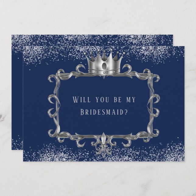 Navy Silver Frame Royal Will You Be My Bridesmaid  Invitation (Front/Back)