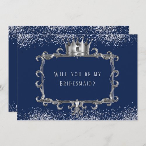 Navy Silver Frame Royal Will You Be My Bridesmaid  Invitation