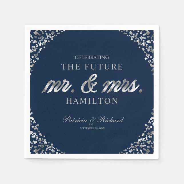Navy Silver Future Mr And Mrs Engagement Party Napkins (Front)