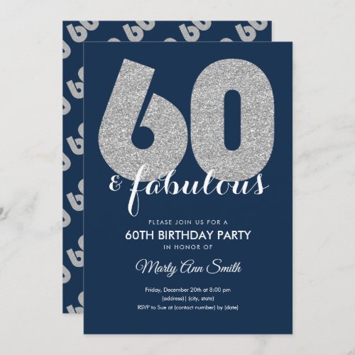 Navy Silver Glitter 60  Fabulous Birthday Party Invitation