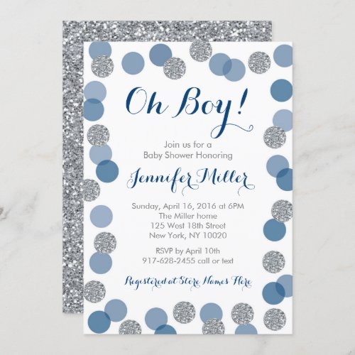 Navy  Silver Glitter Baby Shower Invitation