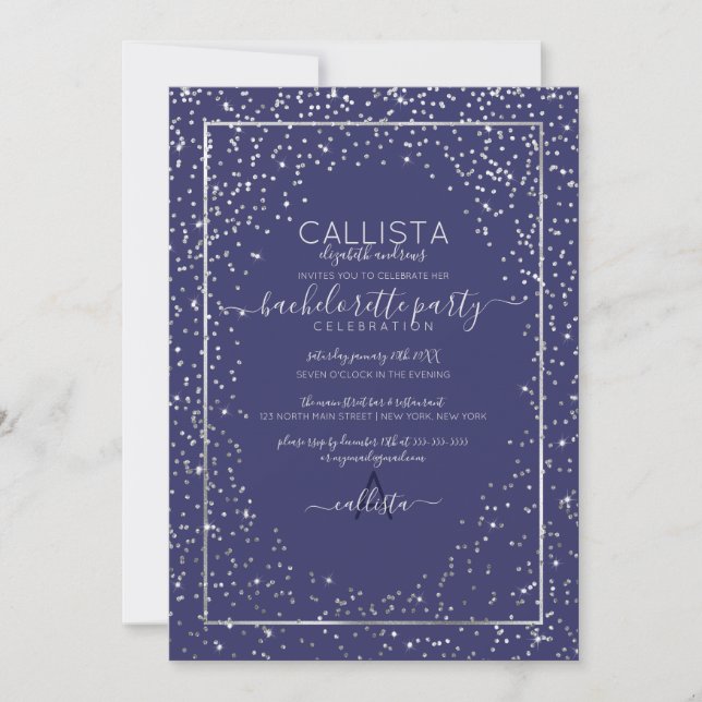 Navy Silver Glitter Confetti Border Bachelorette Invitation (Front)