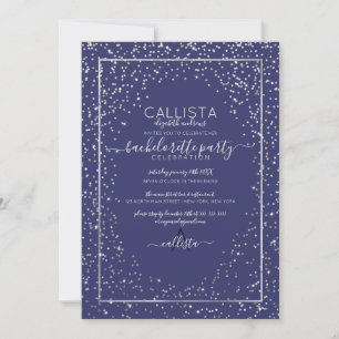 Navy Silver Glitter Confetti Border Bachelorette Invitation