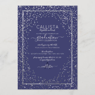 Navy Silver Glitter Confetti Border Graduation Invitation