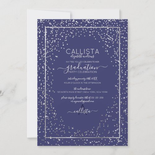 Navy Silver Glitter Confetti Border Graduation Invitation