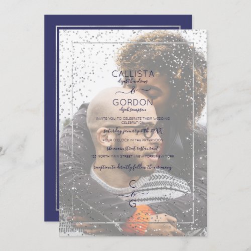 Navy Silver Glitter Confetti Border Photo Wedding Invitation