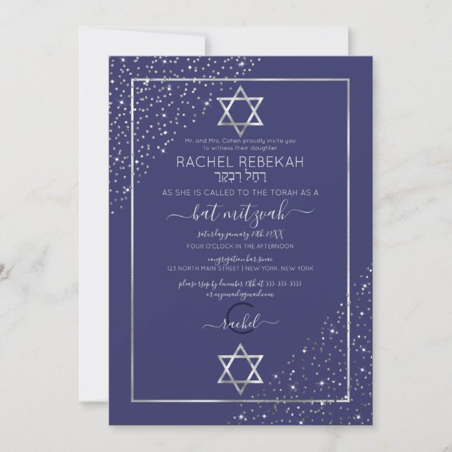 Navy Silver Glitter Confetti Corners Bat Mitzvah Invitation (Front)