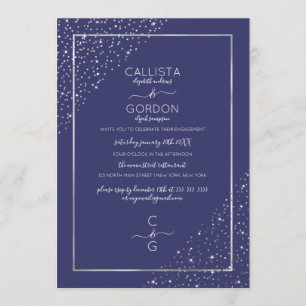 Navy Silver Glitter Confetti Corners Engagement Invitation
