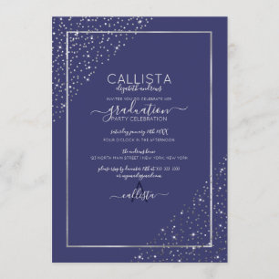 Navy Silver Glitter Confetti Corners Graduation Invitation
