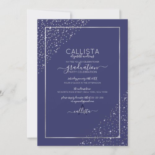 Navy Silver Glitter Confetti Corners Graduation Invitation