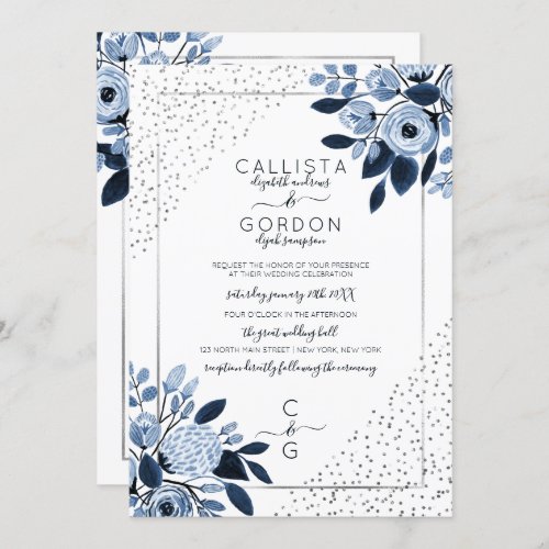 Navy Silver Glitter Confetti Floral Border Wedding Invitation