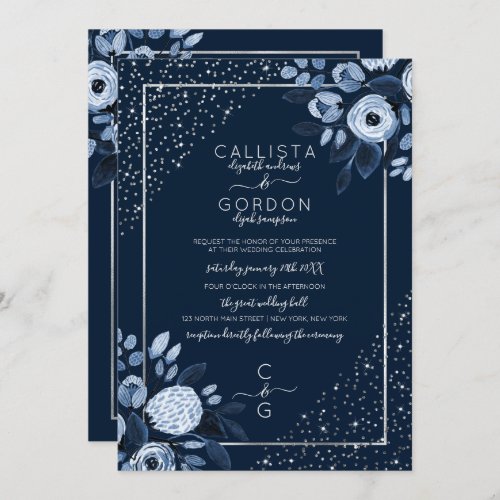 Navy Silver Glitter Confetti Floral Border Wedding Invitation