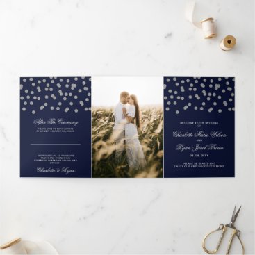 Navy Silver Glitter Confetti Photo Wedding Tri-Fold Program