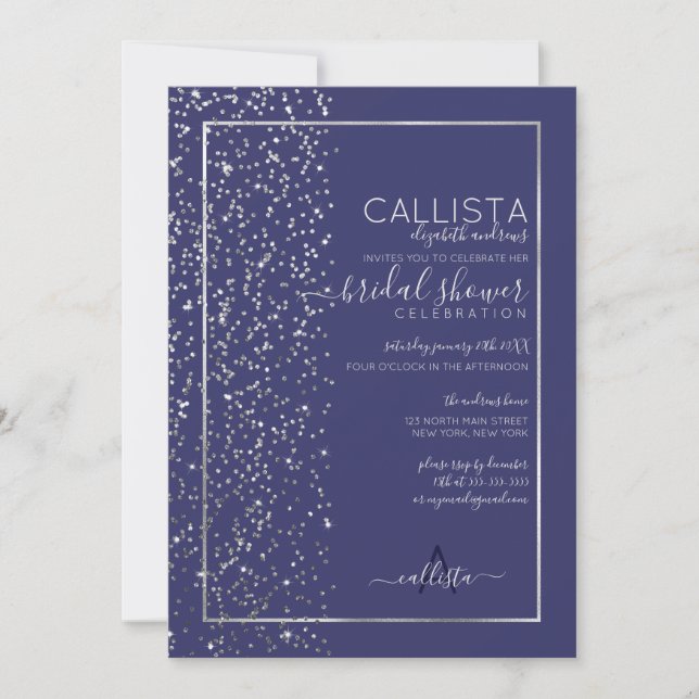 Navy Silver Glitter Confetti Side Bridal Shower Invitation (Front)