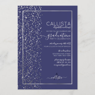 Navy Silver Glitter Confetti Side Graduation Invitation