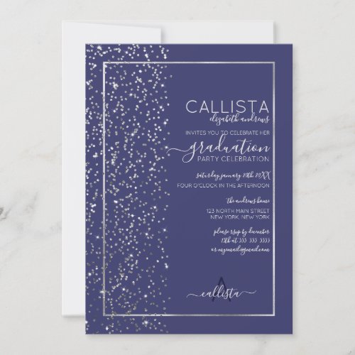 Navy Silver Glitter Confetti Side Graduation Invitation