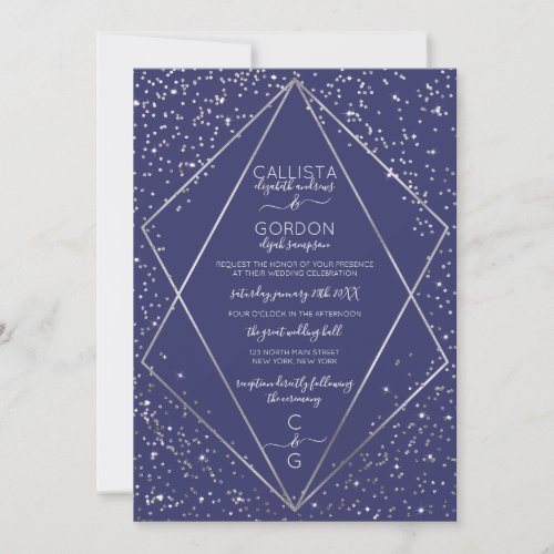 Navy Silver Glitter Confetti Terrarium Wedding Invitation