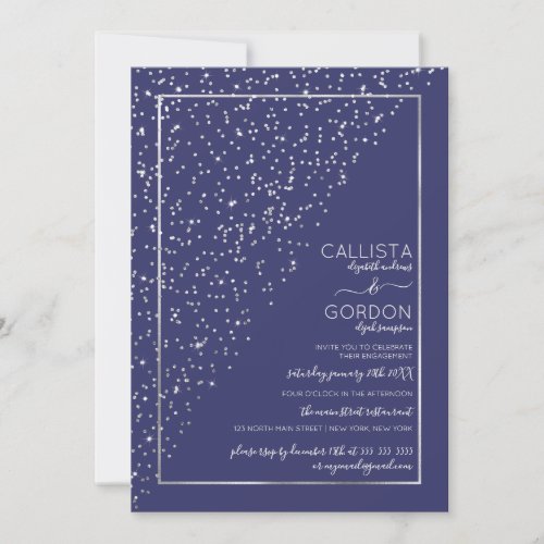 Navy Silver Glitter Diagonal Confetti Engagement Invitation