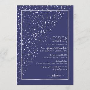 Navy Silver Glitter Diagonal Confetti Quinceañera Invitation