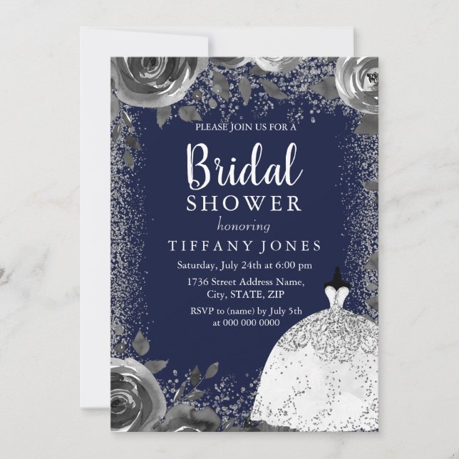 Navy & Silver Glitter Floral Bridal Shower Invite (Front)