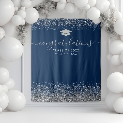 Navy Silver Glitter Graduation Photo Booth Tapestry