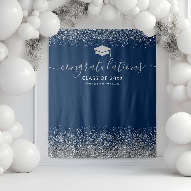 Navy Silver Glitter Graduation Photo Booth Tapestry (Creator Uploaded)