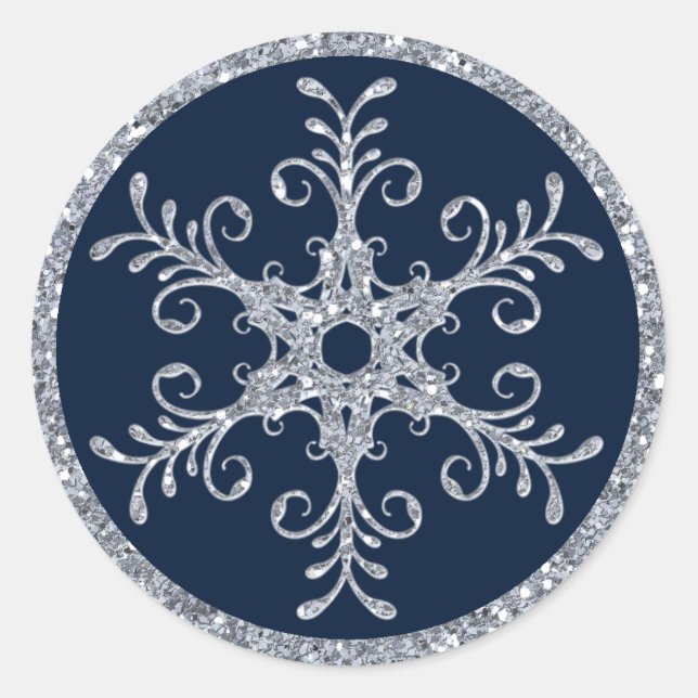 Navy Silver Glitter LOOK Snowflake Wedding Sticker (Front)