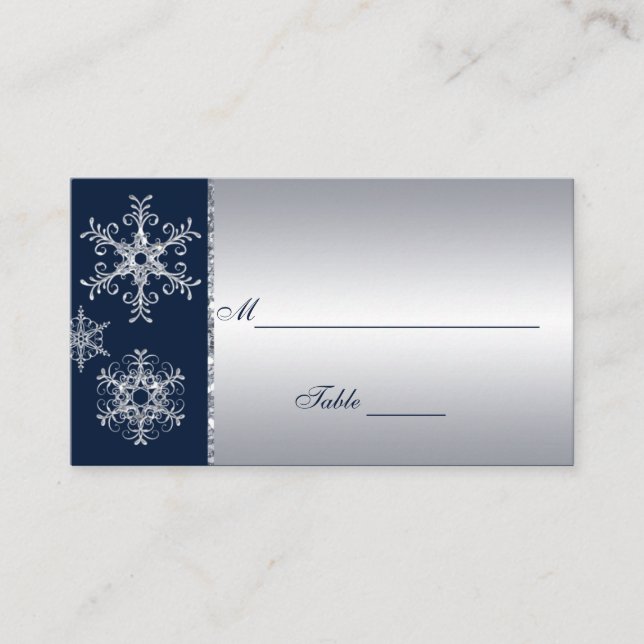 Navy Silver Glitter LOOK Snowflakes Placecards (Front)