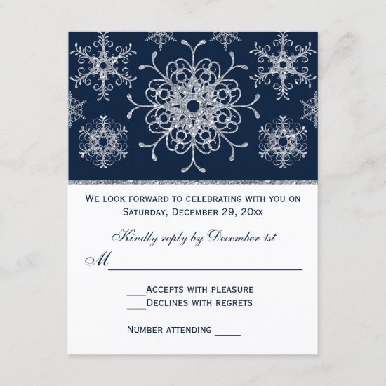 Navy Silver Glitter LOOK Snowflakes RSVP Card