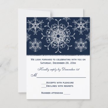 Navy Silver Glitter LOOK Snowflakes RSVP Card