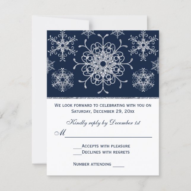 Navy Silver Glitter LOOK Snowflakes RSVP Card (Front)