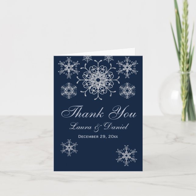 Navy Silver Glitter LOOK Snowflakes Thank You Card (Front)