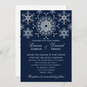 Navy Silver Glitter LOOK Snowflakes Wedding Invite (Front/Back)