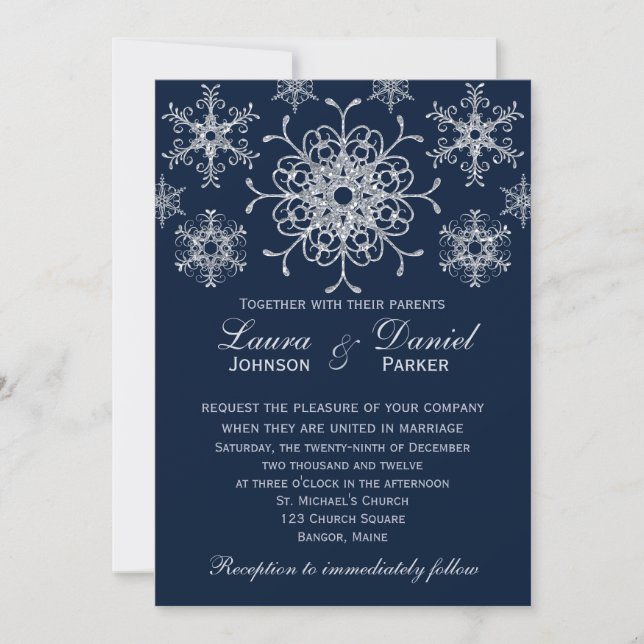 Navy Silver Glitter LOOK Snowflakes Wedding Invite (Front)