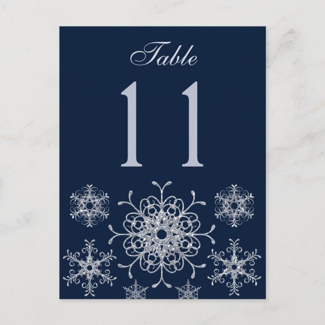 Navy Silver Glitter Snowflakes Table Number Card (Front)