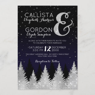 Navy Silver Glitter Tree Winter Wonderland Wedding Invitation