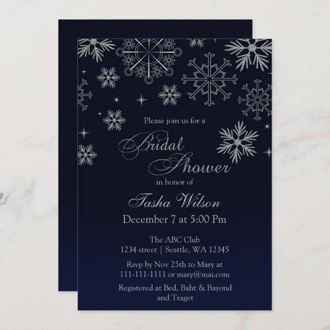 Navy Silver Glitter Winter Bridal Shower Invite (Front/Back)