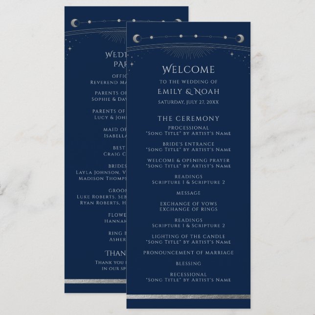 Navy Silver Gold Celestial Sun Moon Stars Wedding Program (Front/Back)