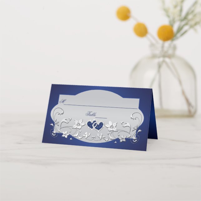 Navy, Silver Gray Floral, Hearts Place Card (Front)