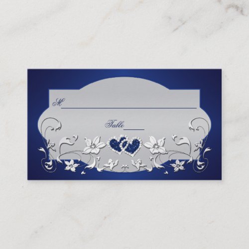 Navy, Silver Gray Floral, Hearts Place Card Business Card