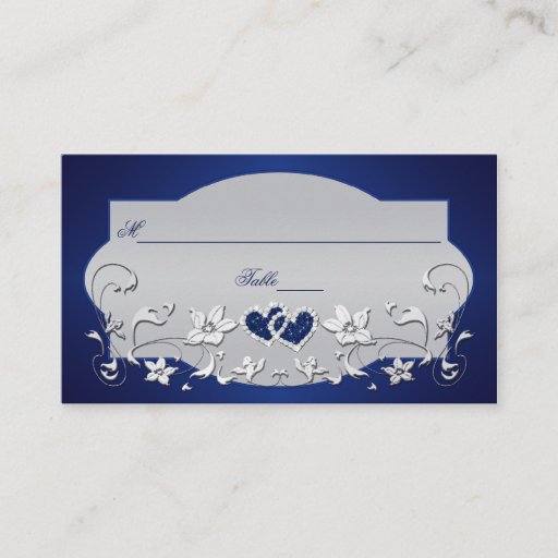 Customizable Navy, Silver Gray Floral, Hearts Place Card Business Card