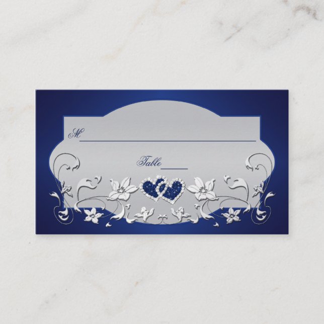 Navy, Silver Gray Floral, Hearts Place Card (Front)