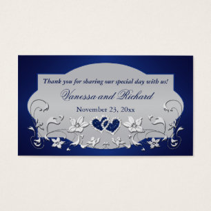 Navy, Silver Gray Floral, Hearts Wedding Favor Tag