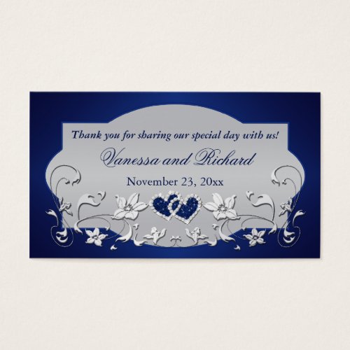 Navy, Silver Gray Floral, Hearts Wedding Favor Tag Business Card